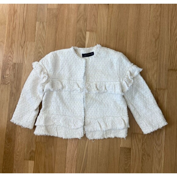 ZARA Womens L  Tweed Fringe Ruffles Cropped Blazer Jacket White Cream Open Front - Picture 1 of 7